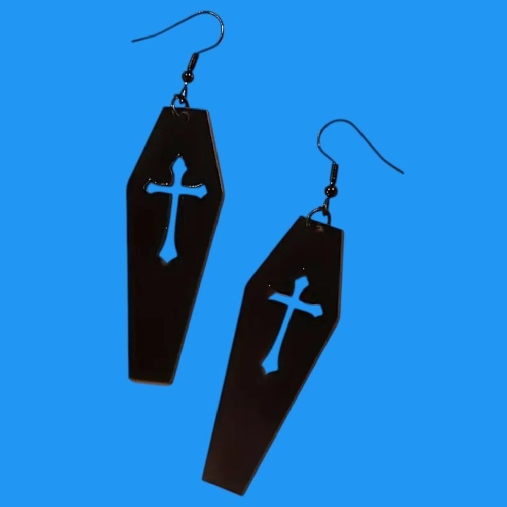 Coffin Shaped w/ Cross Earrings Black Acrylic Dangle Halloween Goth Gothic New